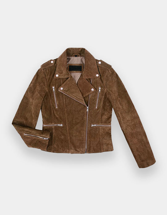 Women's Biker Leather Jacket Dark Brown Suede Classic Fashion Casual Jacket, Chaqueta de ante en marrón oscuro